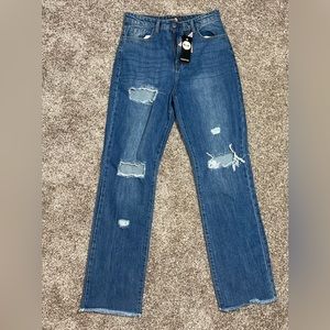 High Rise Straight Leg Jeans With Rips